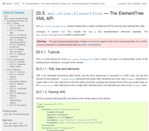 A screenshot of the documentation for ElementTree