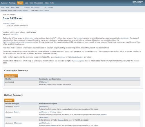 A screenshot of the documentation for SAXParser.
